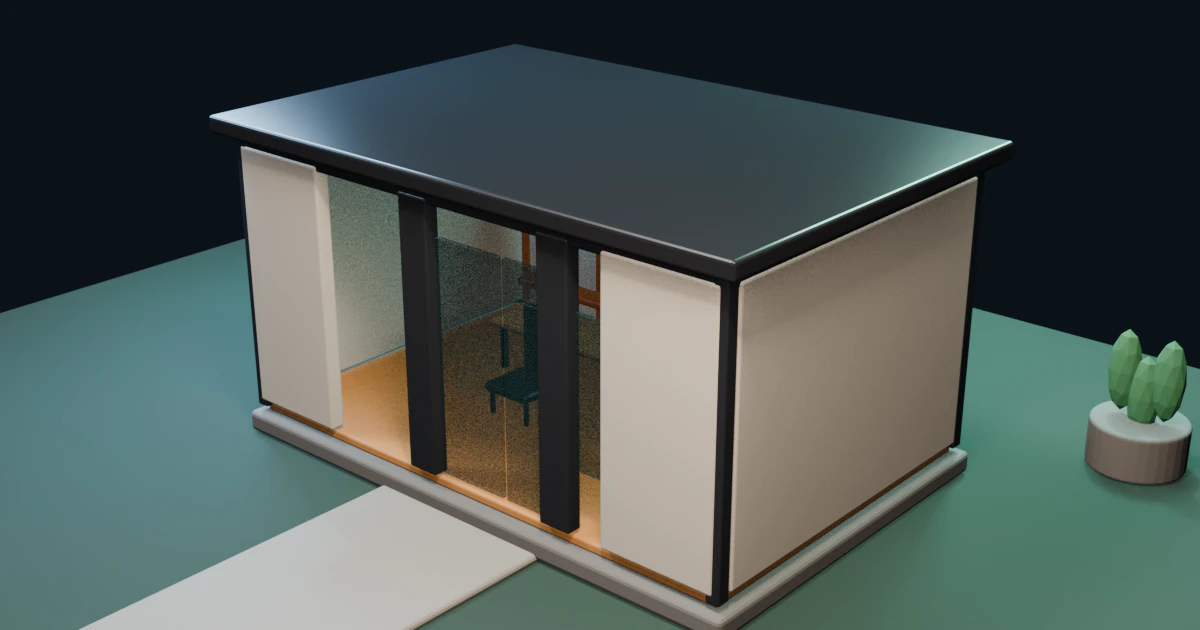Synthetic garden-studio scene rendered in Blender 5.2.2 after the roof correction. Not construction-ready.
