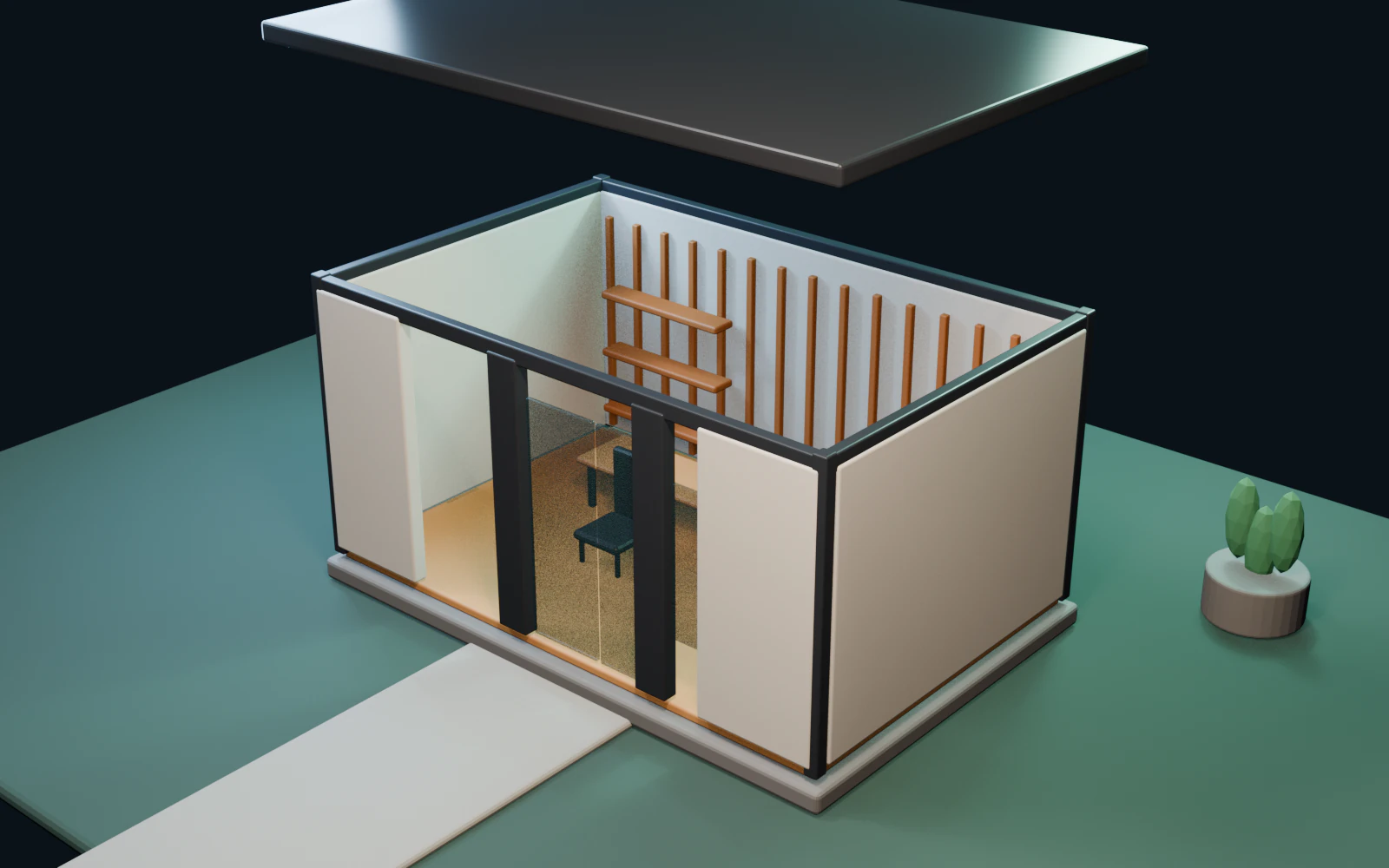Synthetic exploded-roof communication render from R01. It helps a reviewer inspect scene organization but does not prove structural performance.